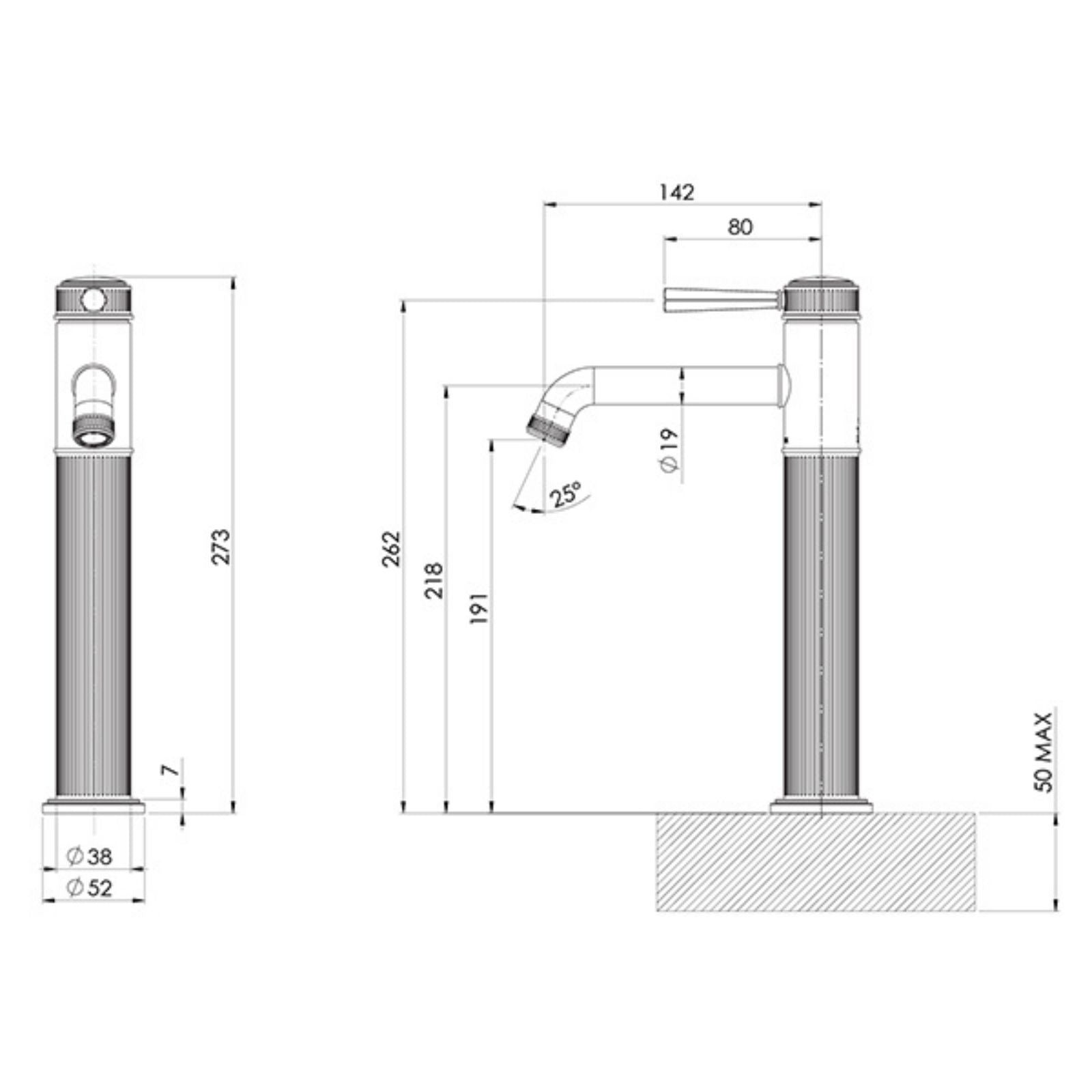 Technical Drawing Phoenix Wiltern Vessel Mixer - Brushed Gold 144-7900-12-1 - The Blue Space