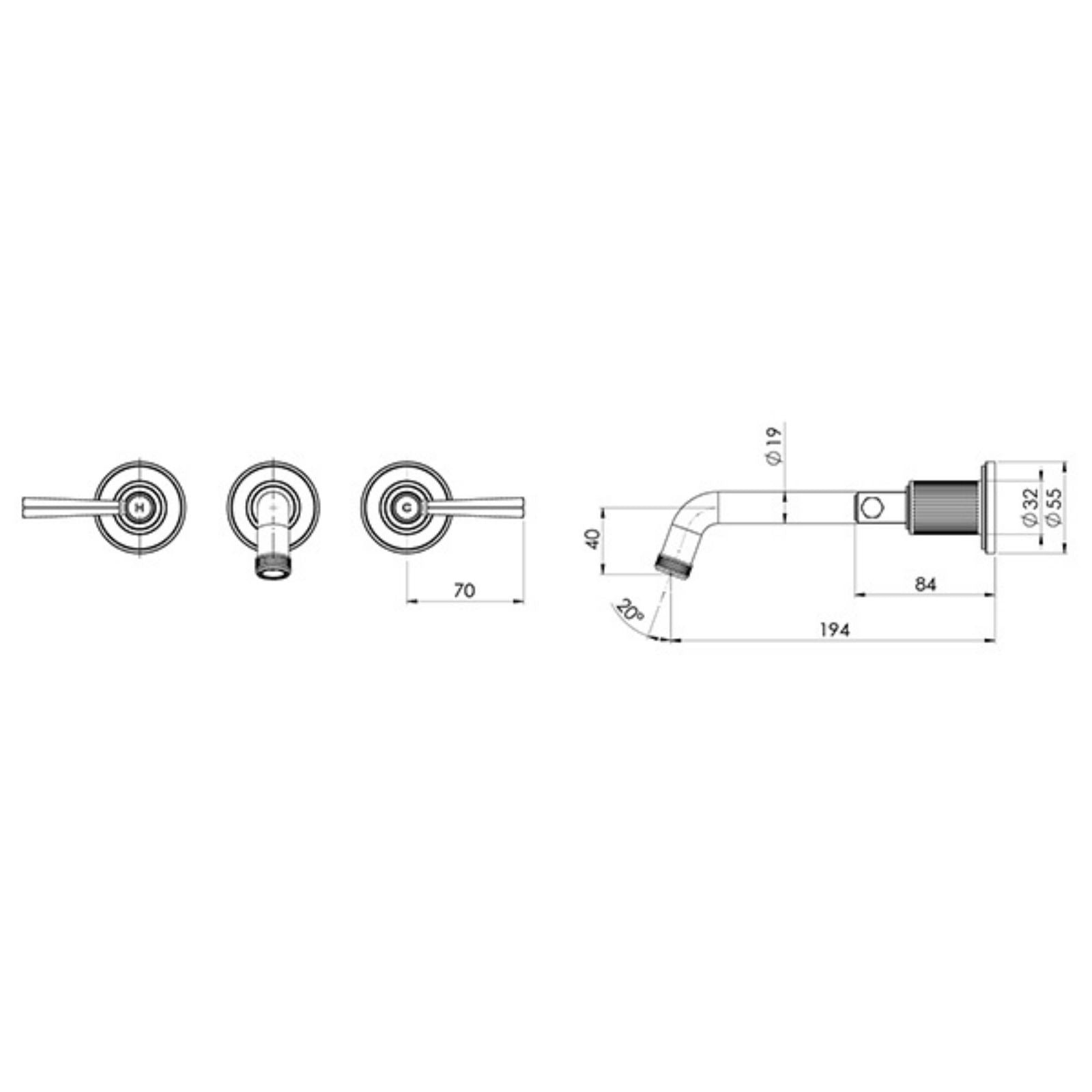 Technical Drawing Phoenix Wiltern Wall Basin / Bath Tap Set 190mm - Brushed Nickel 144-1127-40-1 - The Blue Space