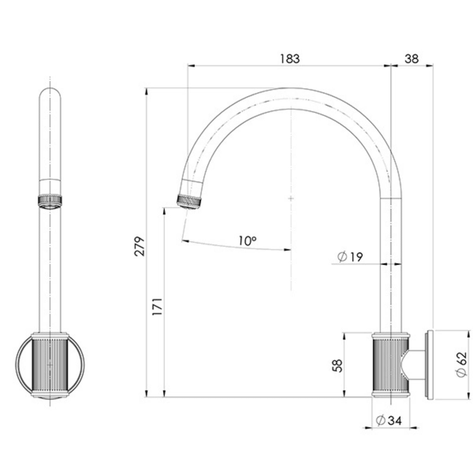 Technical Drawing Phoenix Wiltern Wall Sink Outlet 180mm - Brushed Gold 144-0870-12-1 - The Blue Space