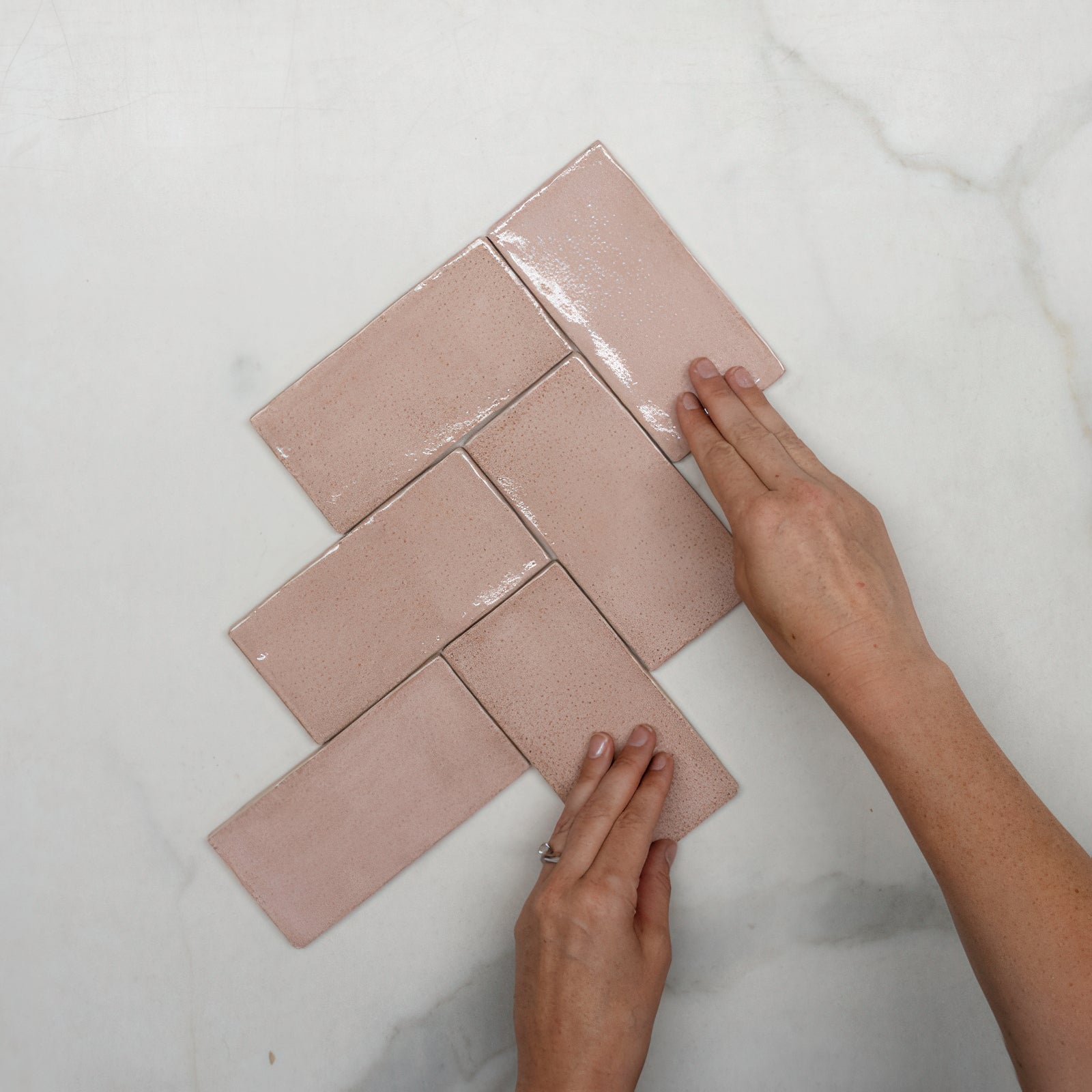 Fishbone With Hand Pink Dianna Hand Made Subway Tile 75 x 150 x 9mm Spanish Ceramic - The Blue Space
