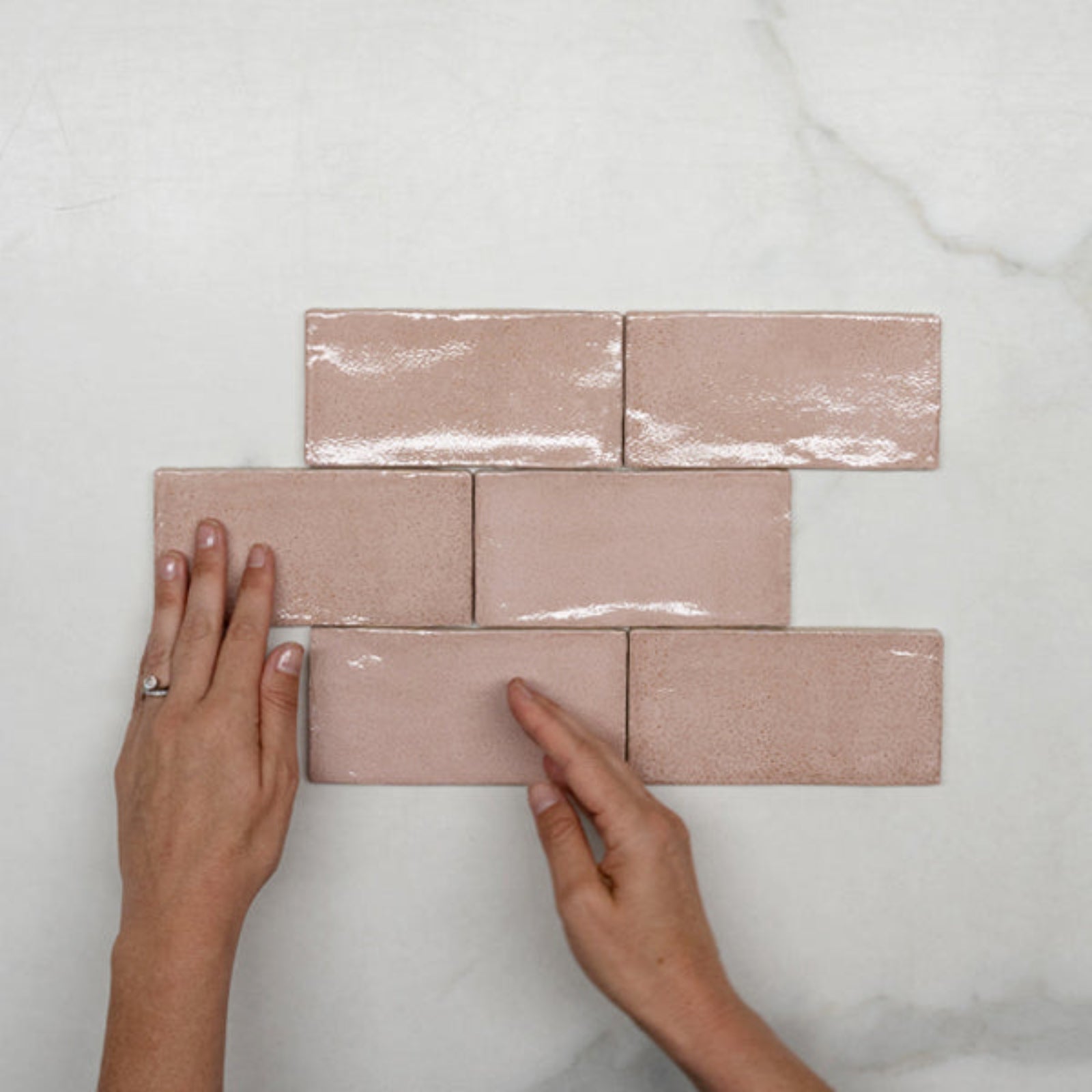 Pattern With Hand Pink Dianna Hand Made Subway Tile 75 x 150 x 9mm Spanish Ceramic - The Blue Space