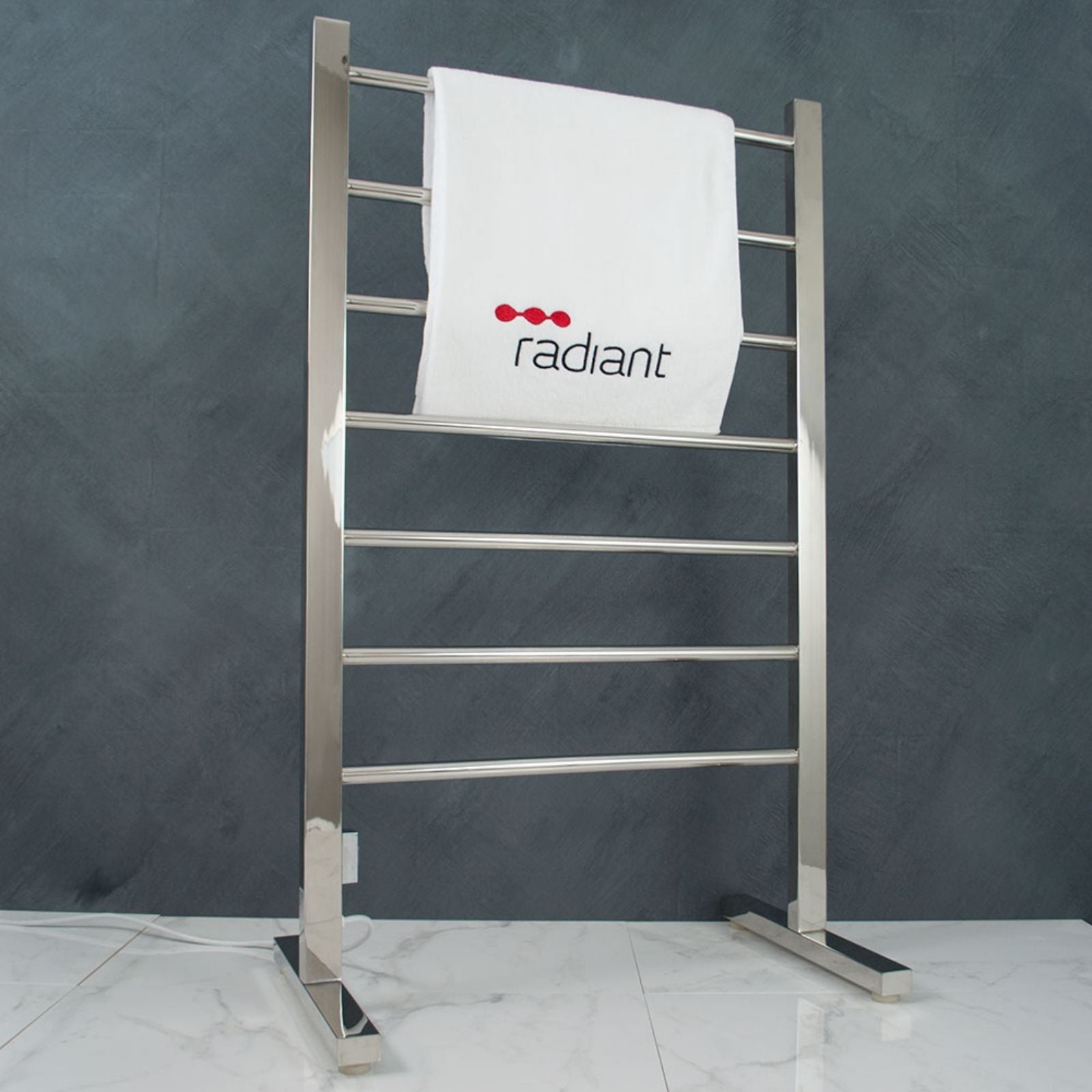 Lifestyle 2 Radiant Heated Floor-standing Towel Rail 600 X 1000mm Mirror Polished FSTR01 - The Blue Space