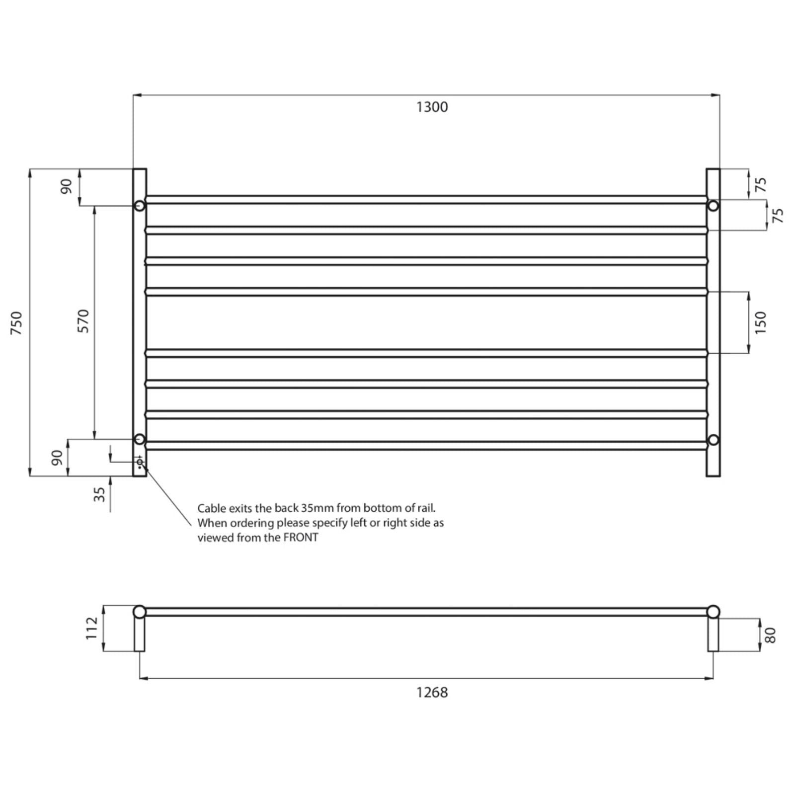 Technical Drawing Radiant Heated Round Ladder 1300 X 750mm Mirror Polished RTR09 - The Blue Space
