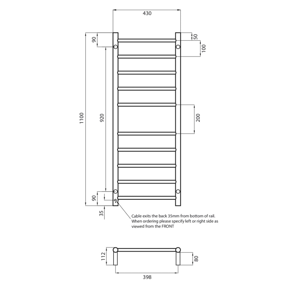 Technical Drawing Radiant Heated Round Ladder 430 X 1100 mm COOL Brushed Nickel CBN-RTR430 - The Blue Space