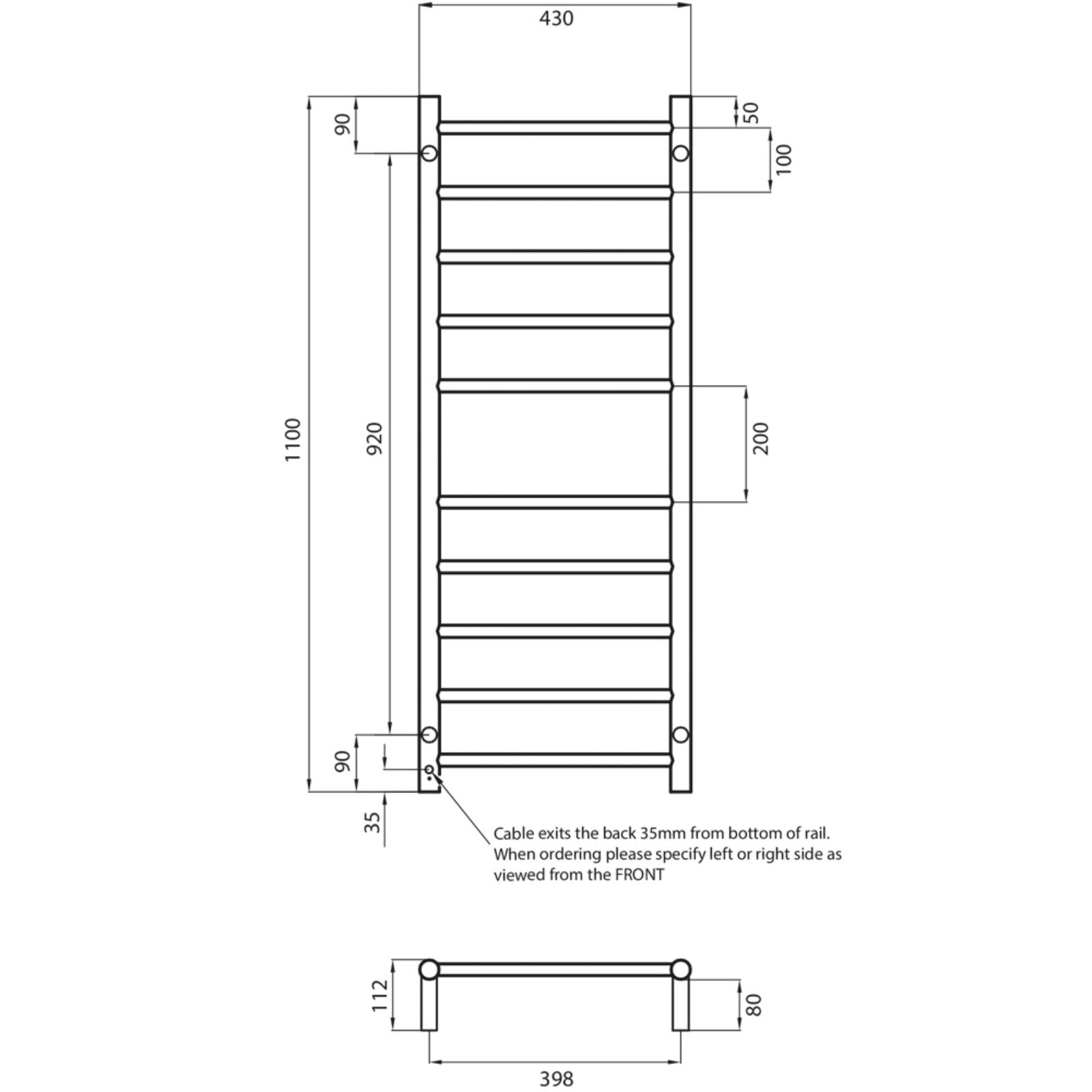 Technical Drawing Radiant Heated Round Ladder 430 x 1100mm Brushed Gold GLD-RTR430 - The Blue Space