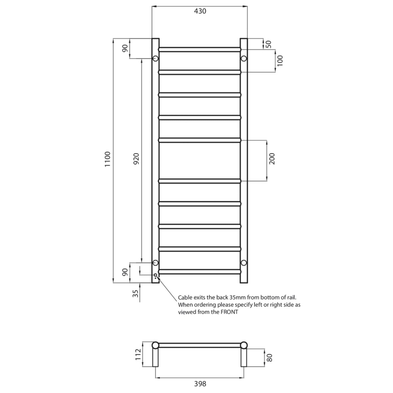 Technical Drawing Radiant Heated Round Ladder 430 X 1100mm Brushed Satin BRU-RTR430 - The Blue Space