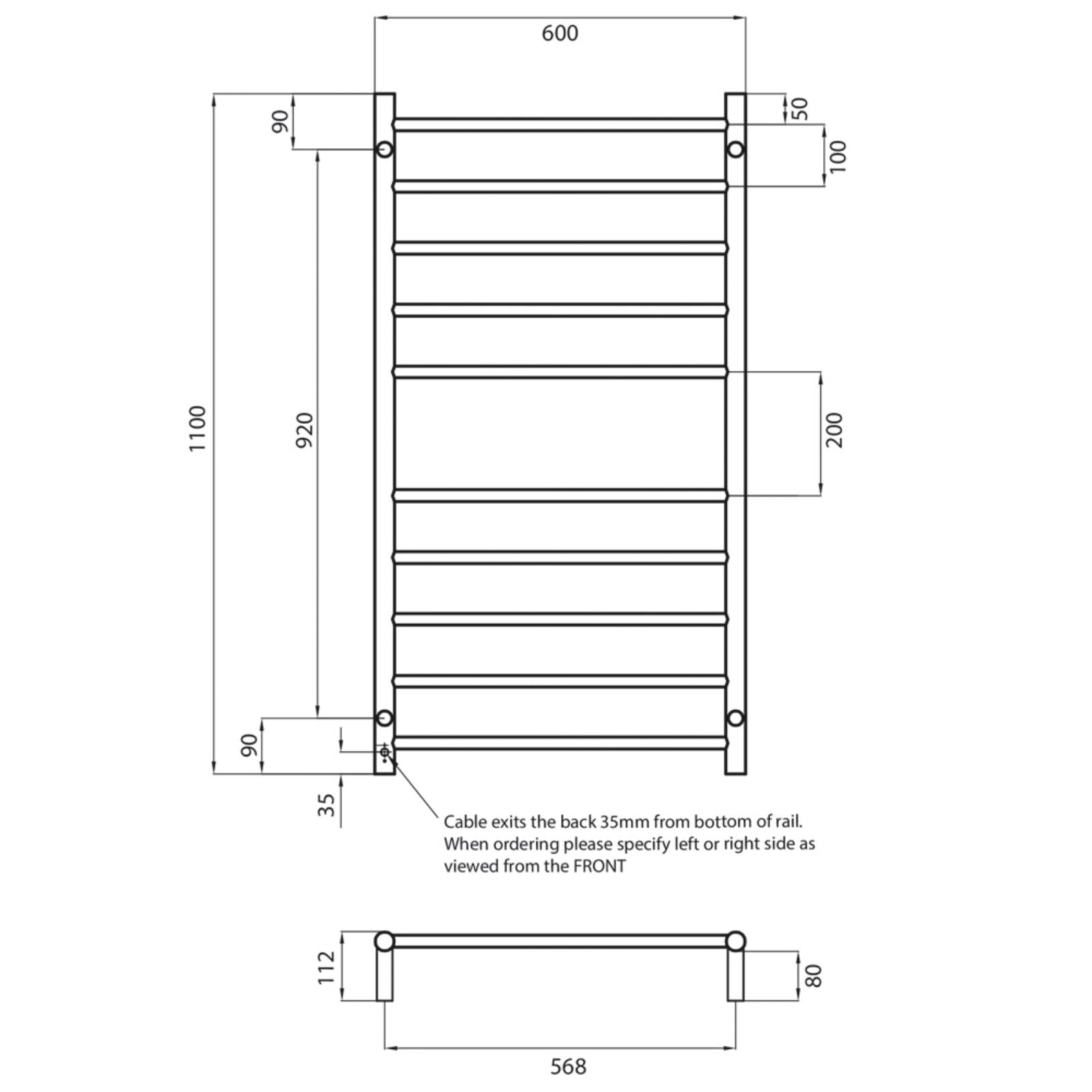 Technical Drawing Radiant Heated Round Ladder 600 X 1100mm Matt Black BRTR02 - The Blue Space