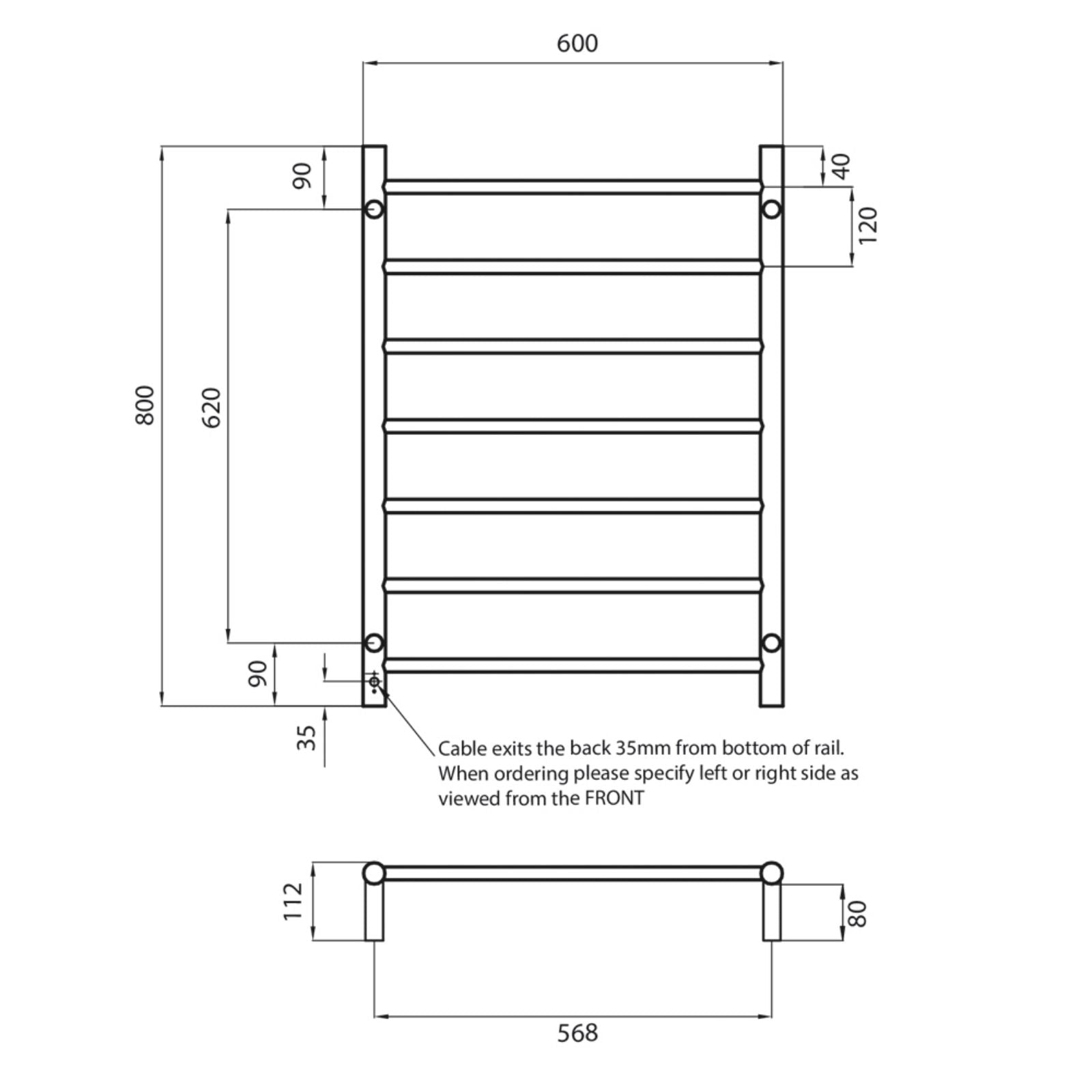 Technical Drawing Front Radiant Heated Round Ladder 600 X 800mm Gun Metal Grey GMG-RTR01 - The Blue Space