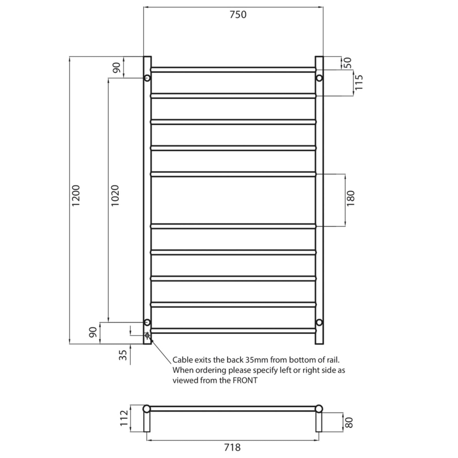 Technical Drawing Radiant Heated Round Ladder 750 X 1200mm Brushed Satin BRU-RTR04LEFT - The Blue Space