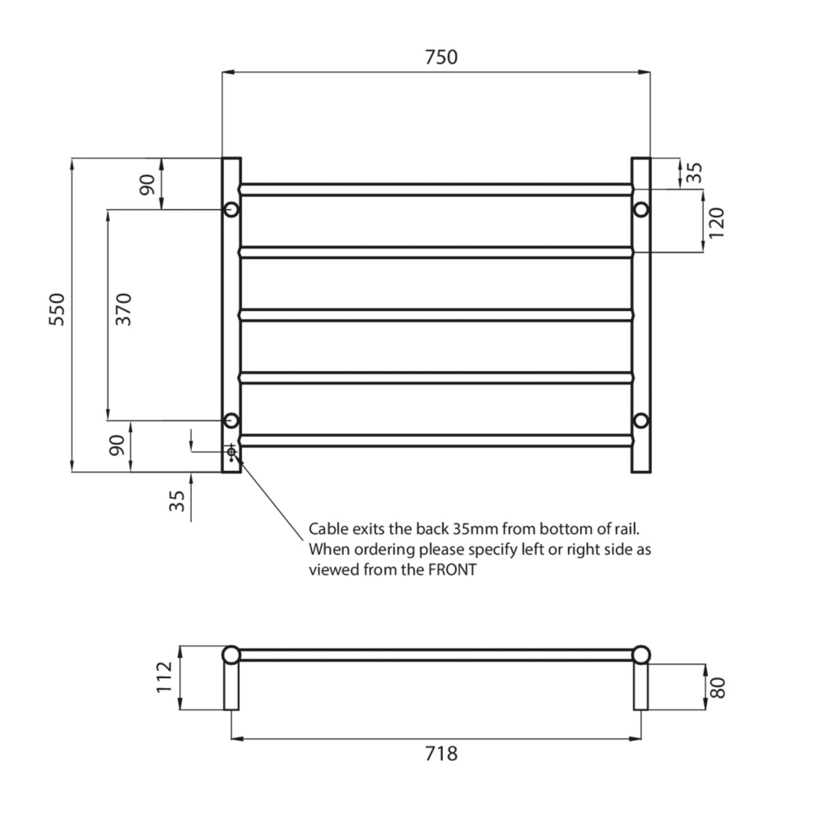 Technical Drawing Radiant Heated Round Ladder 750 x 550mm Brushed Gold GLD-RTR03 - The Blue Space
