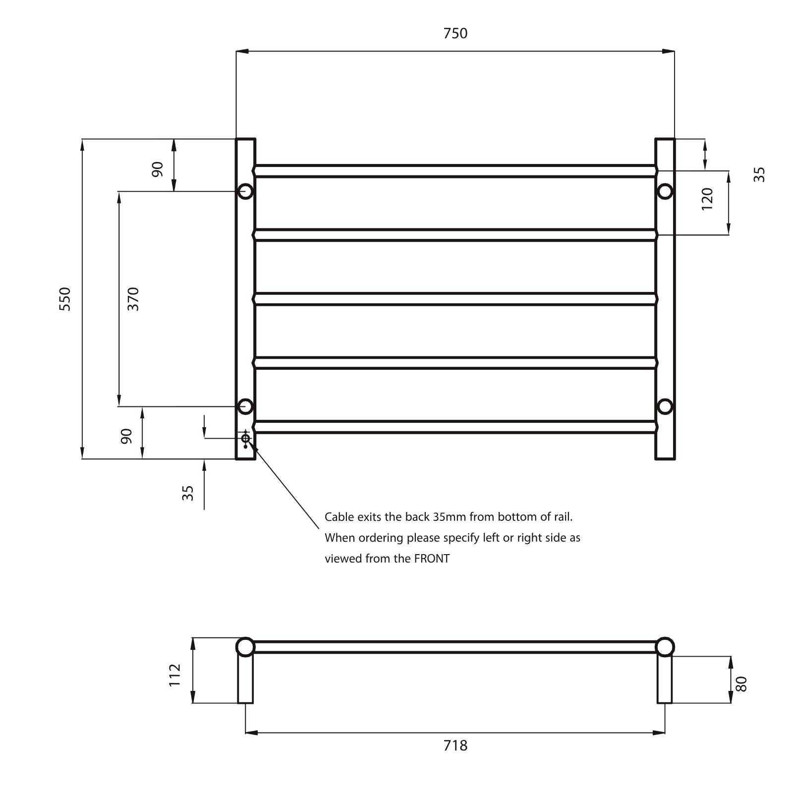 Technical Drawing Radiant Heated Round Ladder 750 x 550mm Brushed Nickel BN-RTR03 - The Blue Space