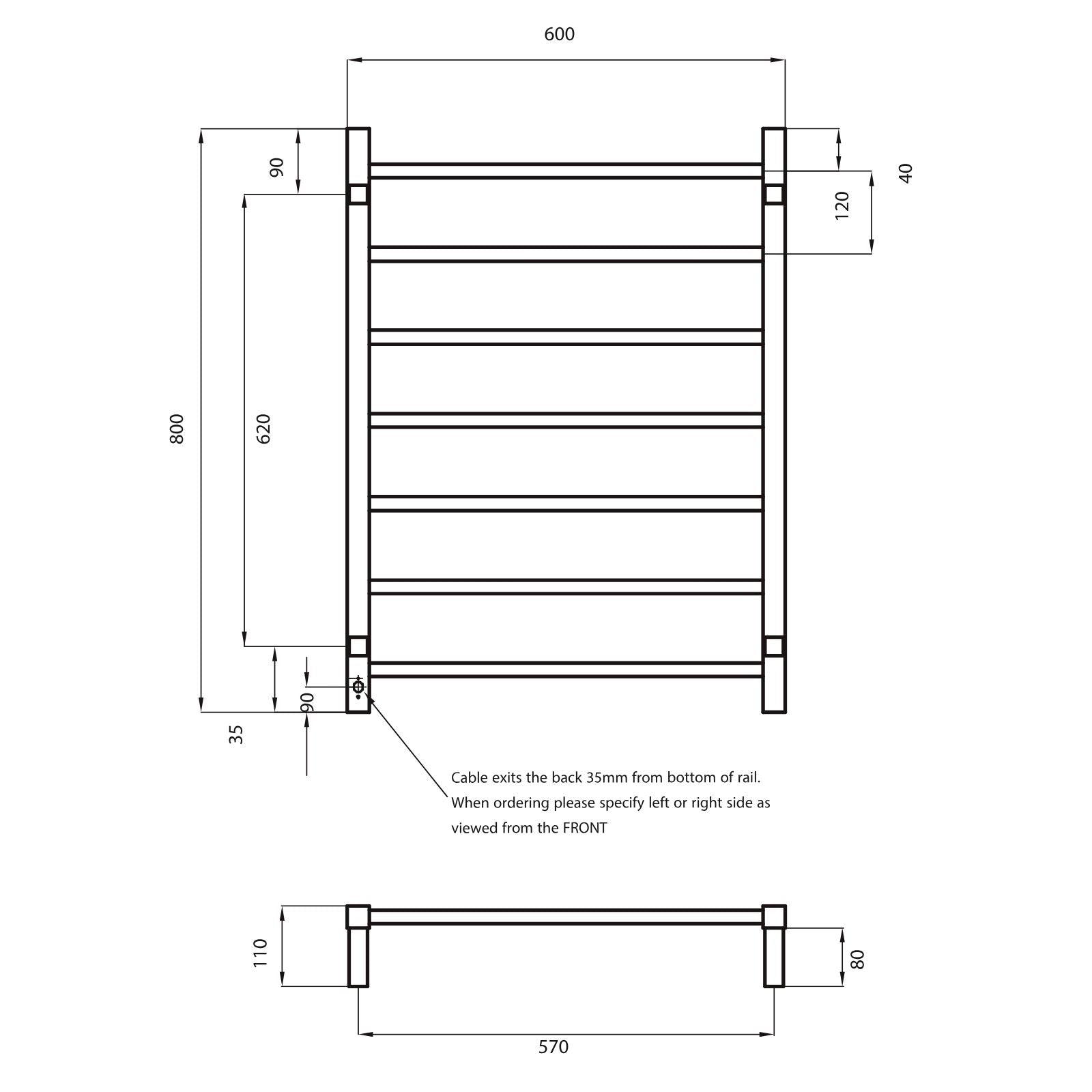 Technical Drawing Radiant Heated Square Ladder 600 X 800mm Brushed Satin BRU-STR01 - The Blue Space