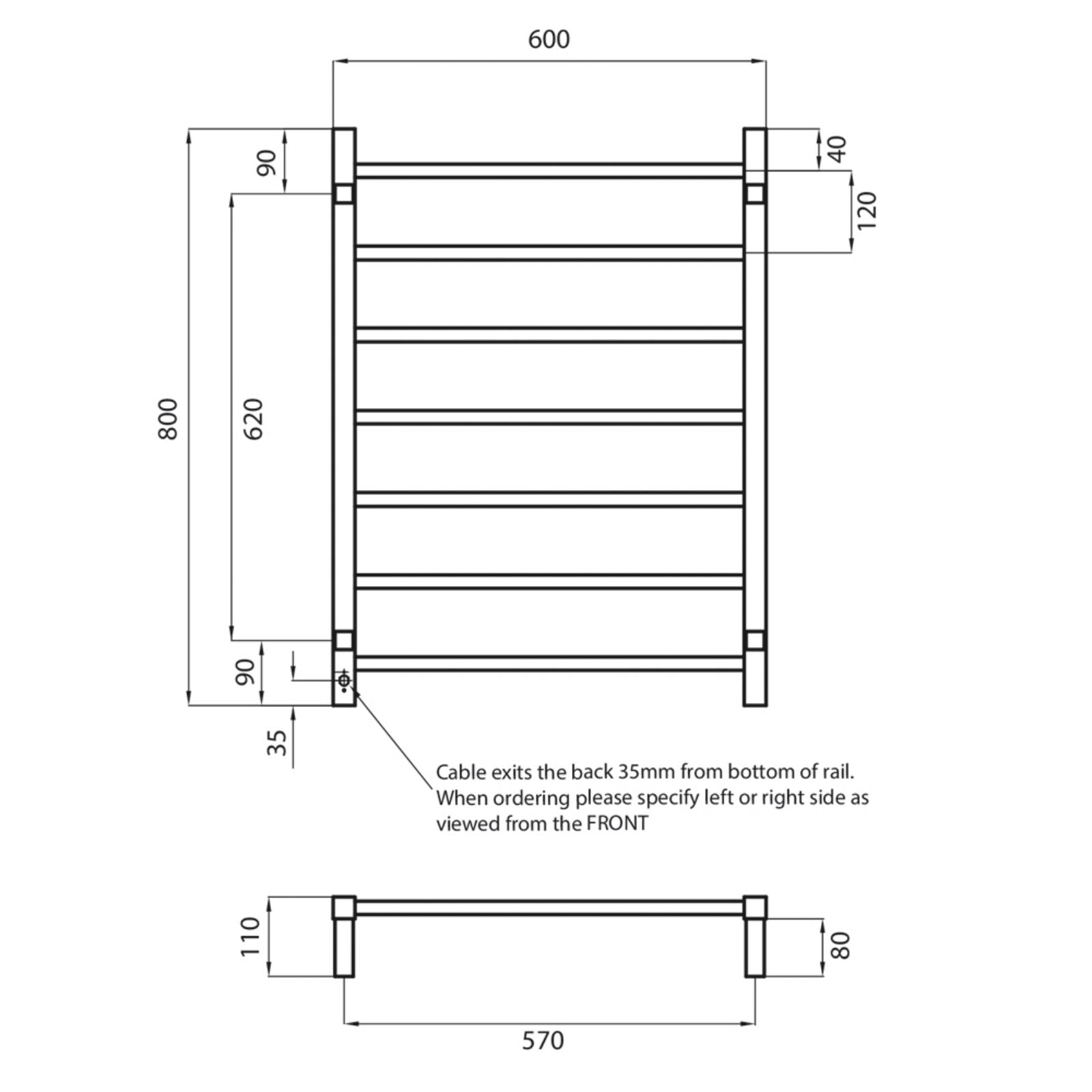Technical Drawing Radiant Heated Square Ladder 600 X 800mm Matt Black BSTR01 - The Blue Space