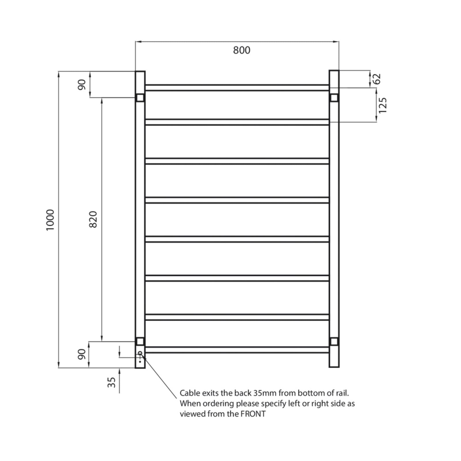 Technical Drawing Radiant Heated Square Ladder 800 X 1000mm Matt Black BSTR05 - The Blue Space