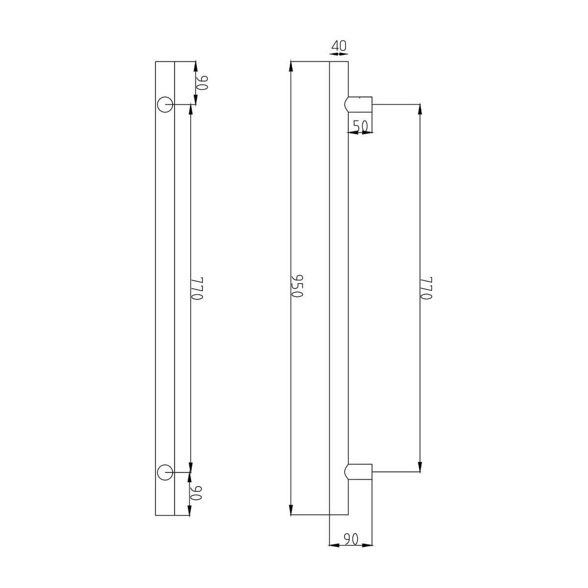 Technical Drawing Radiant Heated Vertical towel rail 40 x 950mm Champagne CH-VTR-950 - The Blue Space