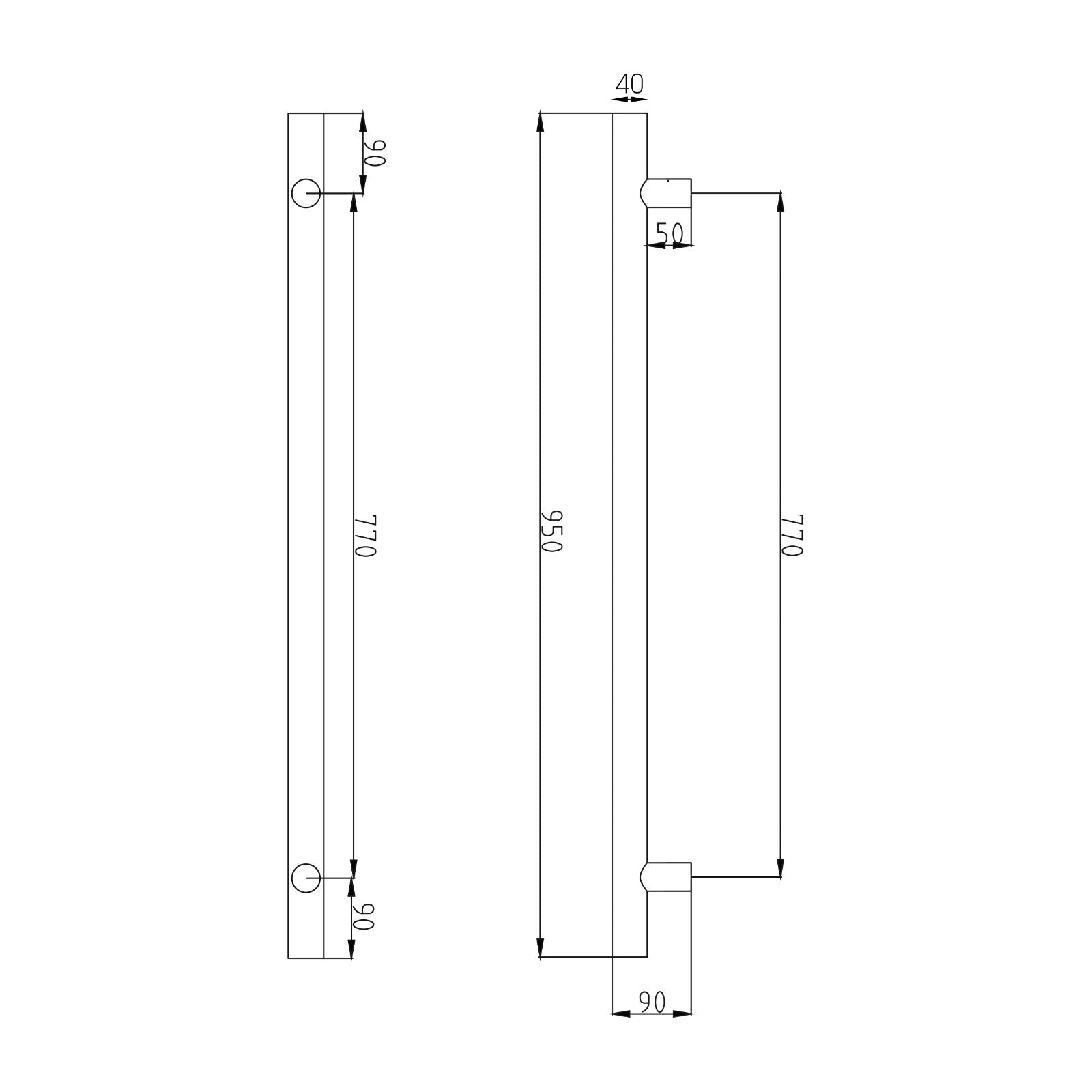 Technical Drawing Radiant Heated Vertical towel rail 40 x 950mm Light Gold LG-VTR-950 - The Blue Space