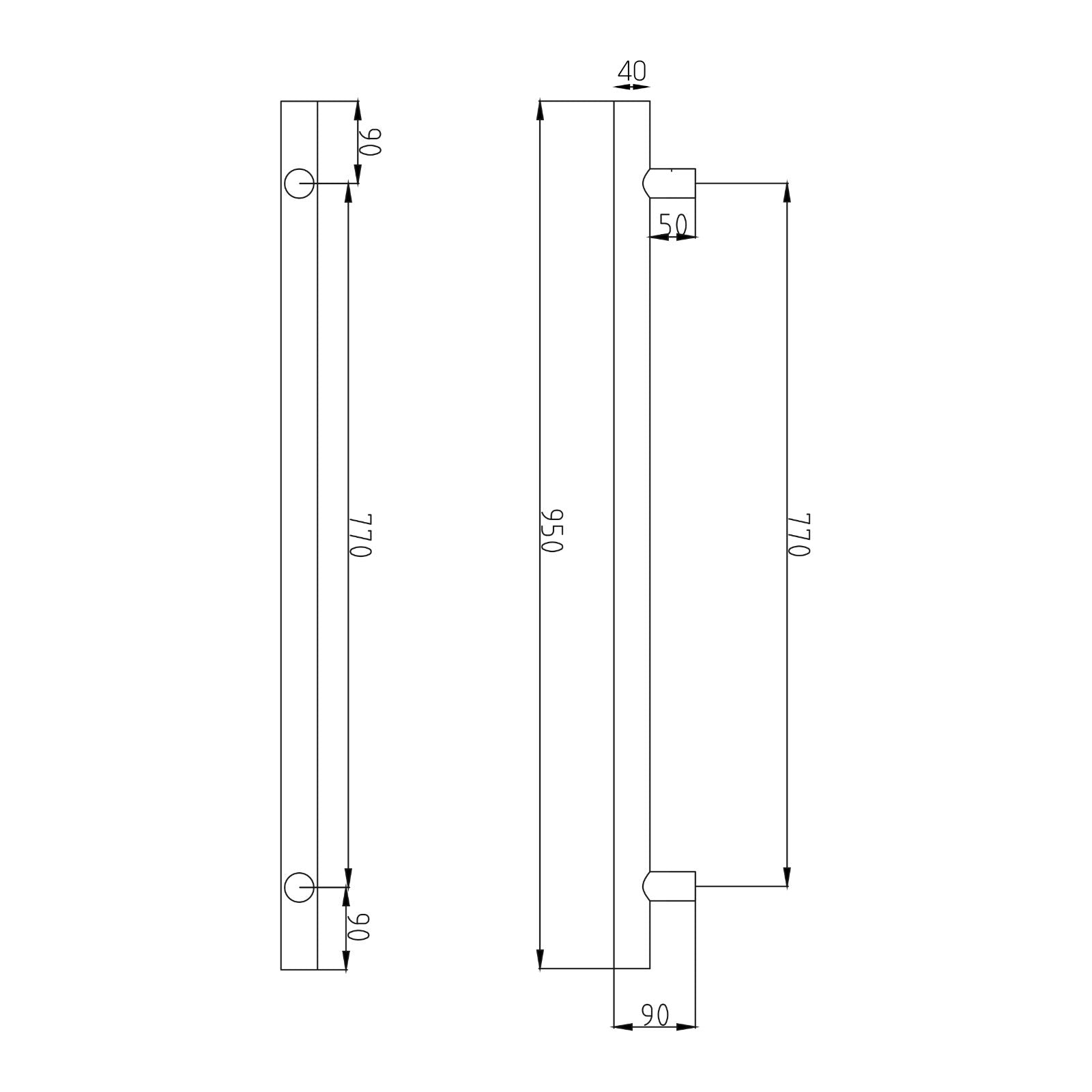 Technical Drawing Radiant Heated Vertical towel rail 40 x 950mm Matt White WH-VTR-950 - The Blue Space