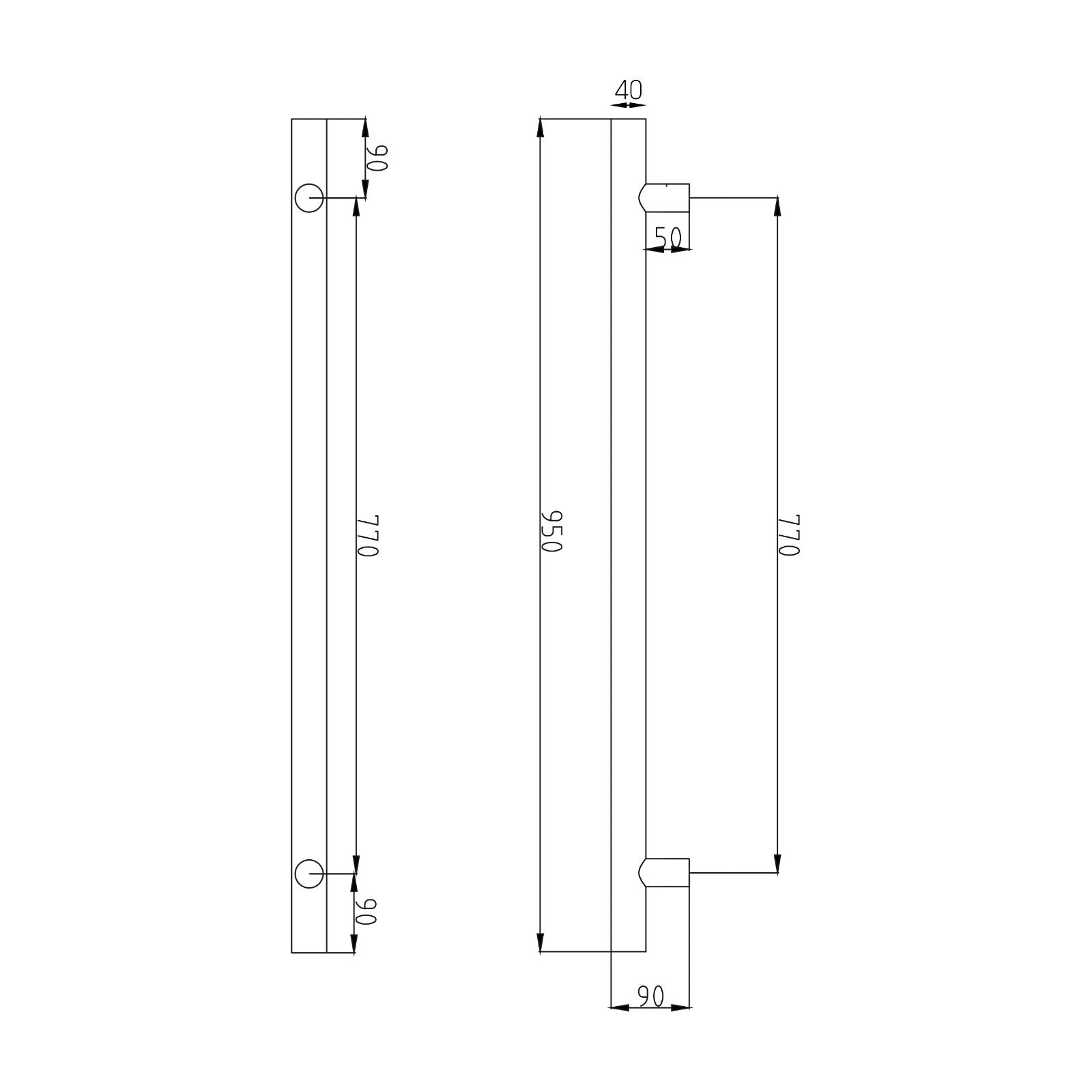 Technical Drawing Radiant Heated Vertical towel rail 40 x 950mm Mirror Polished VTR-950 - The Blue Space