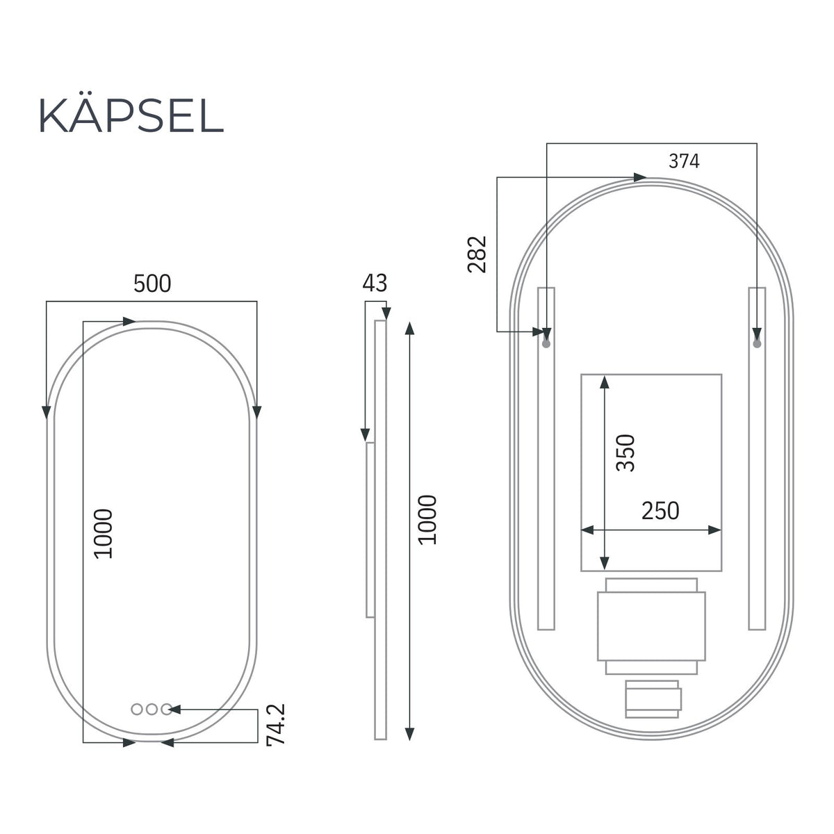 Radiant Kapsel 500mm x 1000mm LED Mirror - Black BLKKAP50100 - The Blue Space