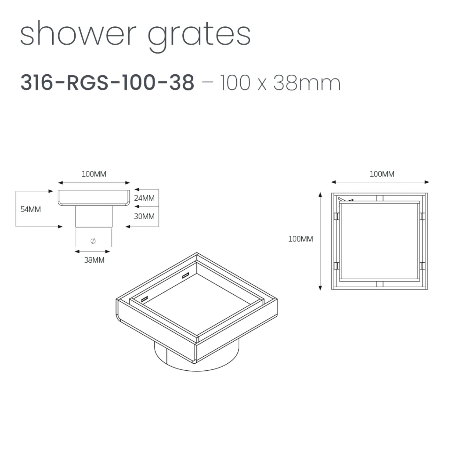 Technical Drawing Radiant Square Tile Insert Shower Grate 100mm + 38mm Outlet Warm Brushed Nickel 316-WBN-RGS-100-38 - The Blue Space