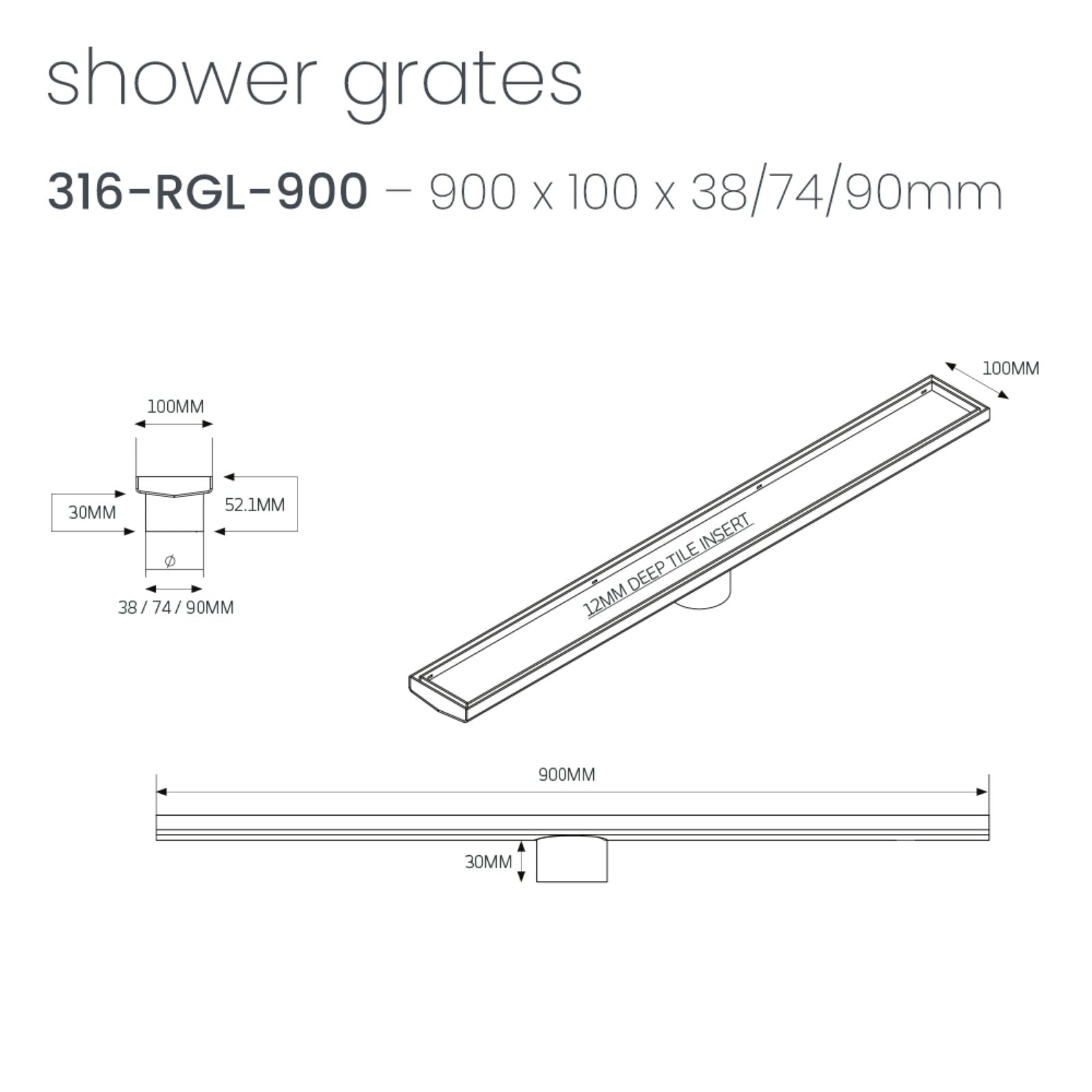 Technical Drawing Radiant Tile Insert Linear Shower Grate - 900mm length + 74mm outlet - Warm Brushed Nickel 316-WBN-RGL-900-74 - The Blue Space