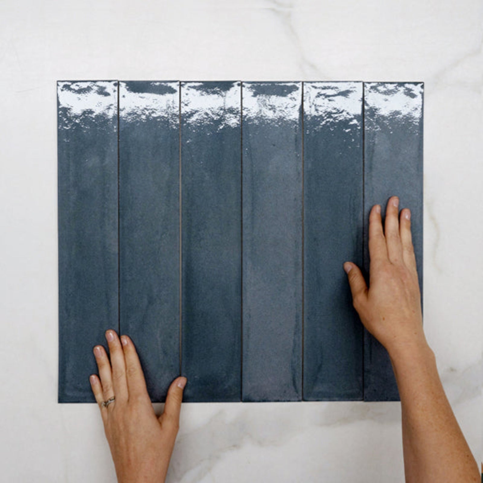 With Hand Sea Blue Theo Subway Tile 75 x 400mm Italian Porcelain - The Blue Space