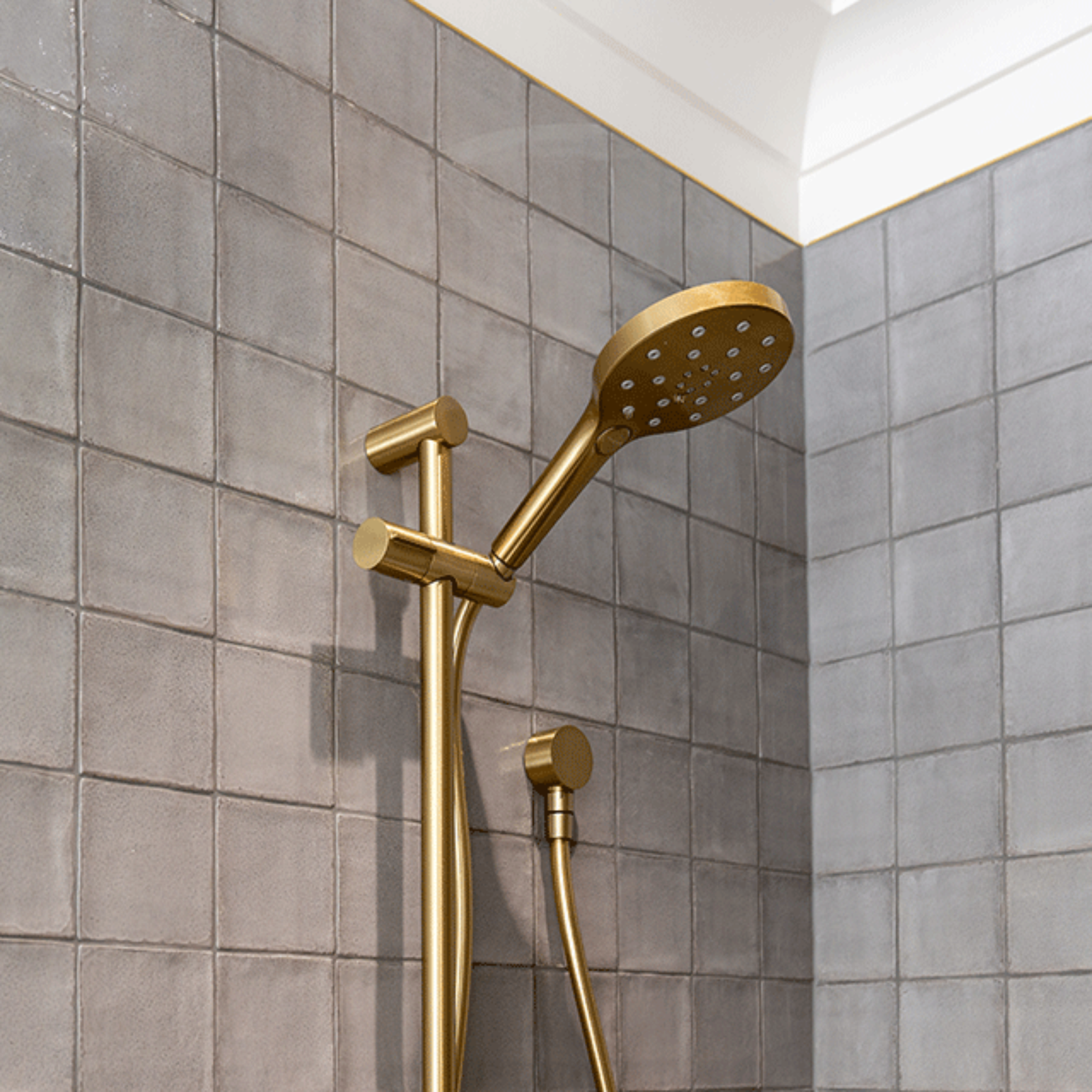 Nickel Grey Dianna Zellige Tile 100 x 100 x 9mm Spanish Ceramic Tile paired with Phoenix vivid slimline rail shower in brushed gold