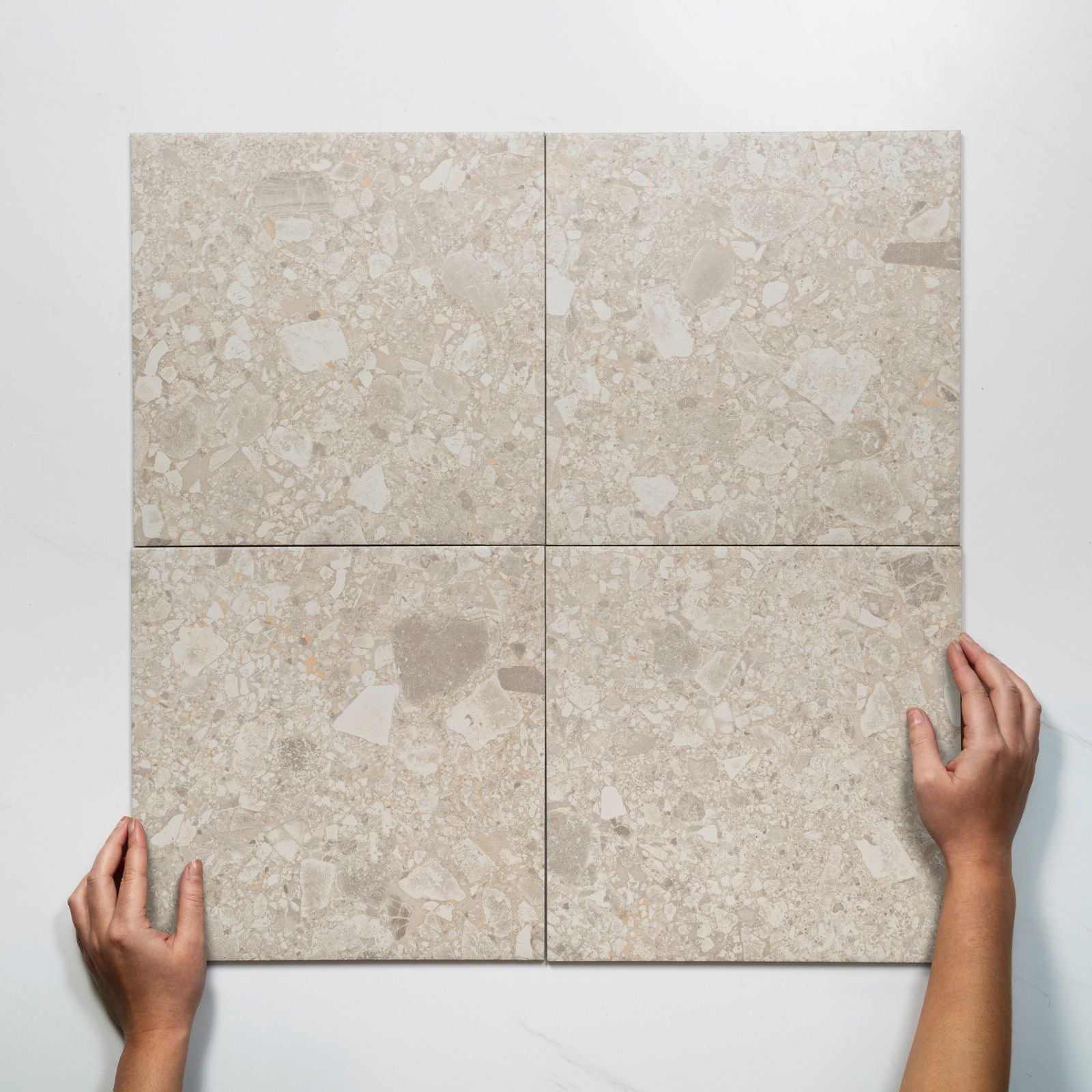 Pattern Lay with Hand Southside Beige Terrazzo Matte P3 Porcelain Tile 300 x 300mm 3STUBEM - The Blue Space