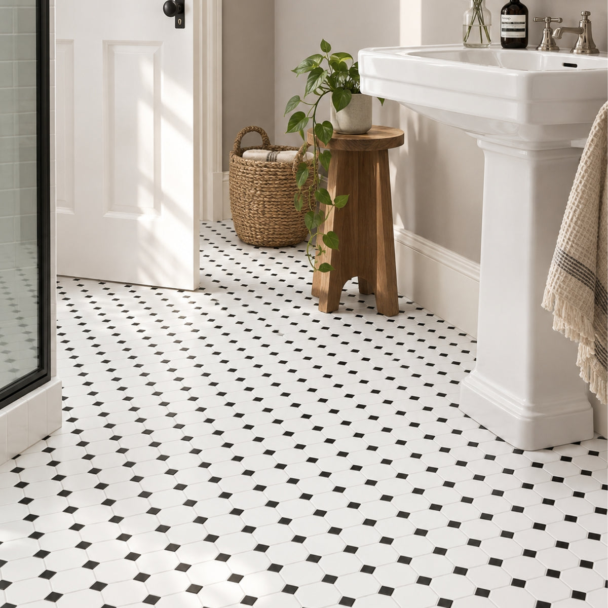 Lifestyle St Kilda Matte White 97 × 97mm Octagon with Black Dot Porcelain Period Mosaic Tile XMW009 - The Blue Space