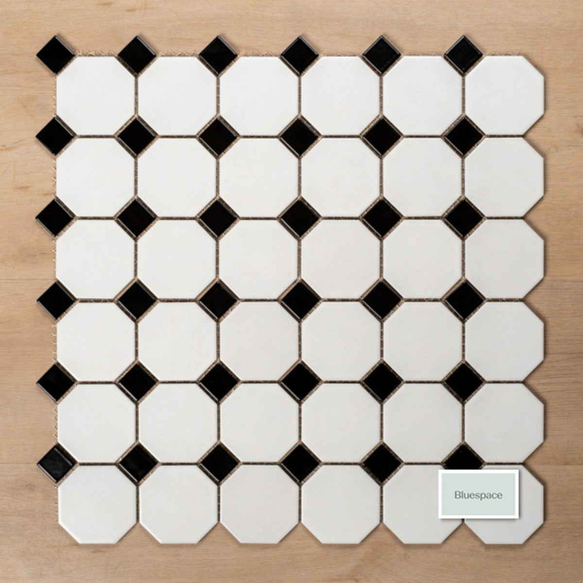 Pattern no Hand St Kilda Matte White 97 × 97mm Octagon with Black Dot Porcelain Period Mosaic Tile XMW009 - The Blue Space