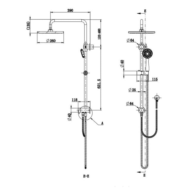 Technical Drawing Star Twin Exposed Rail Shower System 2 Hose Chrome STR013-1 - The Blue Space