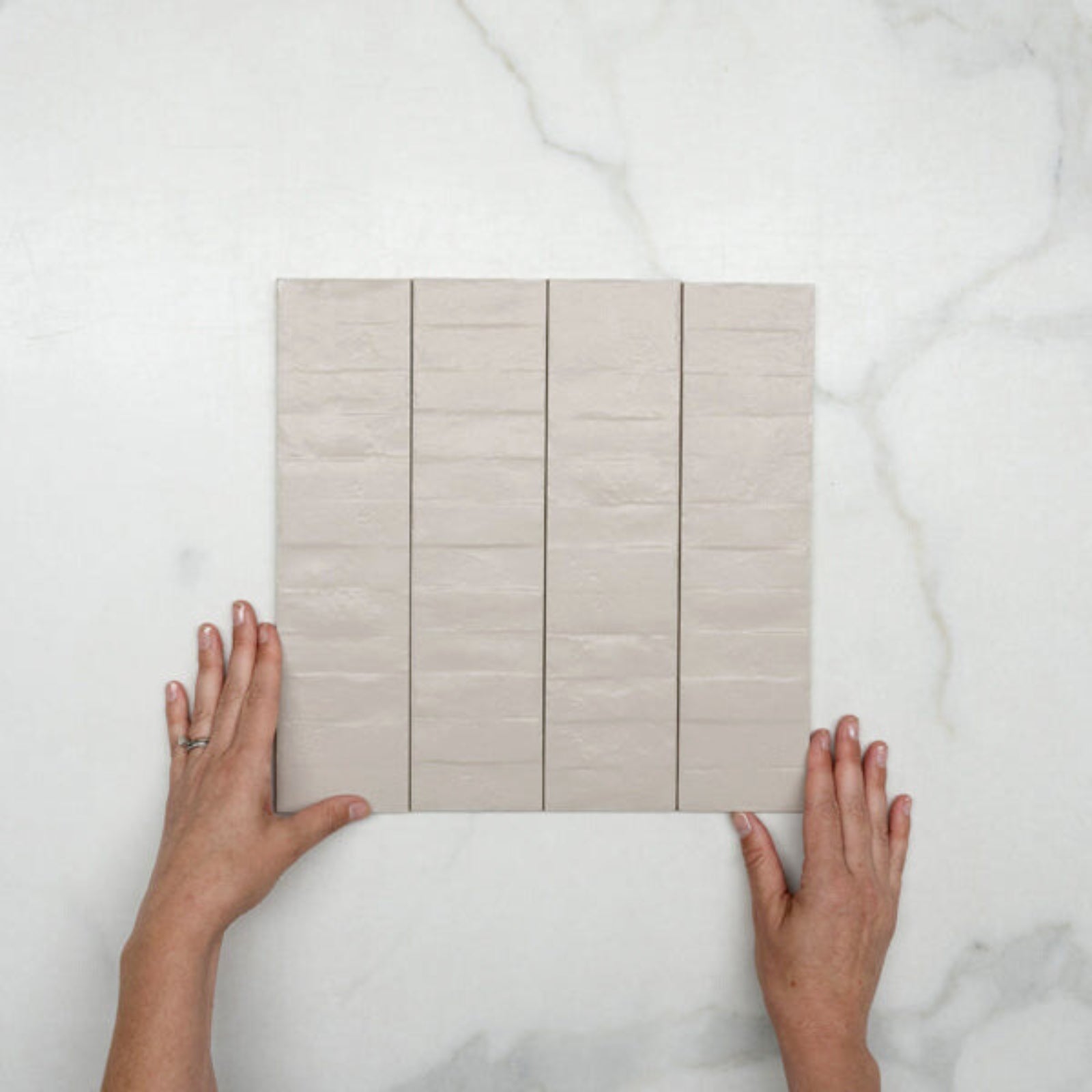 With Hand Taupe Olivia Feature Subway Matte 75 x 300mm Porcelain - The Blue Space