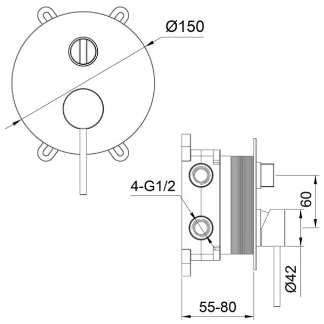 Technical Drawing for Indigo Savina Bath/Shower Mixer with Diverter Chrome US5607CH | The Blue Space