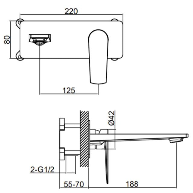 Technical Drawing for Indigo Savina Wall Basin Mixer 180mm Chrome US5608CH | The Blue Space