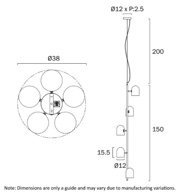 Line Drawing Telbix Turin 5 Light Pendant E14 Black TURINPE5-BK - The Blue Space