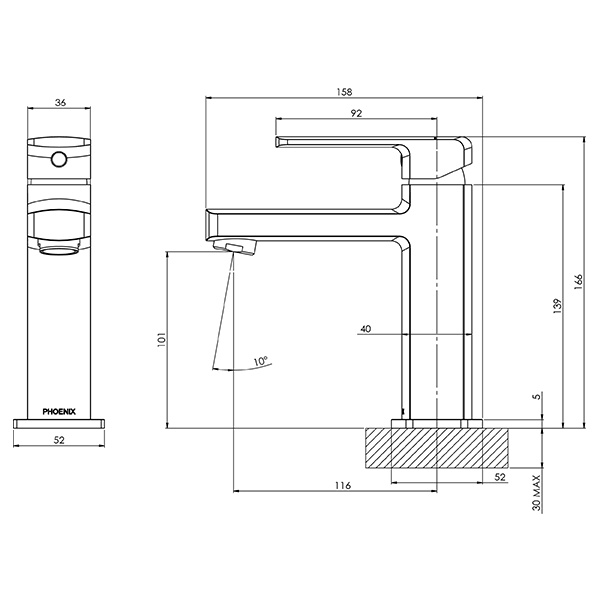 Phoenix Teva Basin Mixer Technical Drawing - The Blue Space