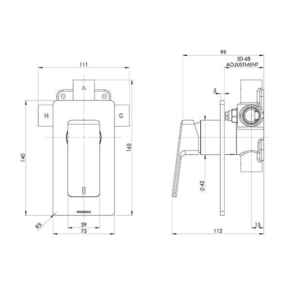 Phoenix Enviro316 Marine Grade Stainless Steel Wall and Shower Mixer technical drawing - The Blue Space