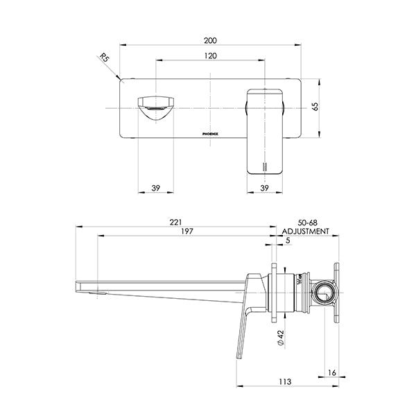 Phoenix Enviro316 Marine Grade Stainless Steel Wall Basin or Bath Mixer technical drawing - The Blue Space