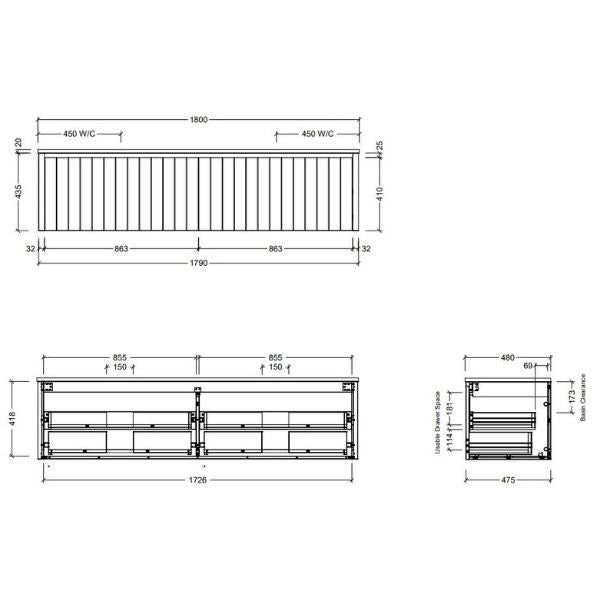 Timberline Saba Wall Hung Vanity 1800mm Double Technical Drawing - Online at The Blue Space
