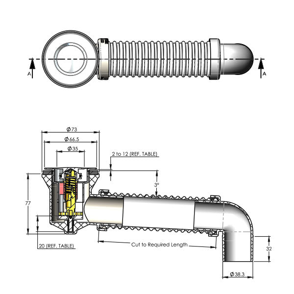 ART Australia Bath Bend Pop Down and Connector Technical Drawing - The Blue Space