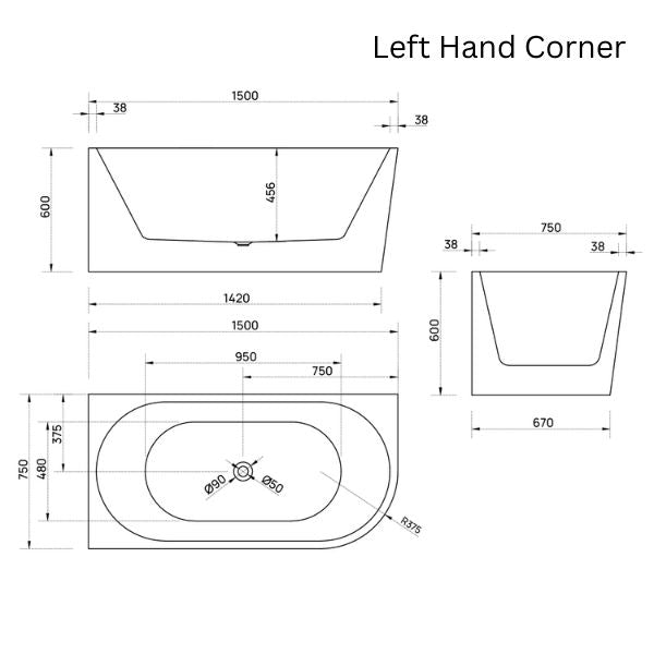 Bao Bon 1500mm Back to Corner Bathtub Dimensions - The Blue Space