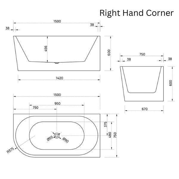 Bao Bon 1500mm Back to Corner Bathtub Dimensions - The Blue Space