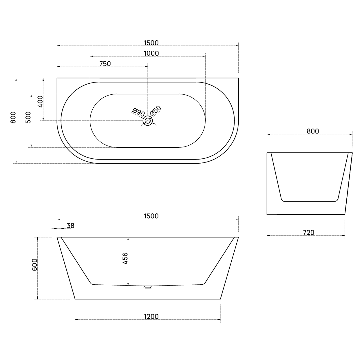 Bao Bon 1500mm Back to Wall Bath Dimenions - The Blue Space