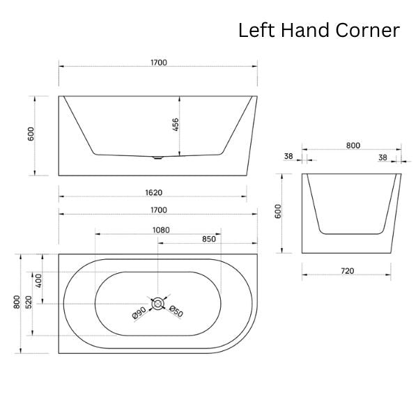 Bao Bon 1700mm Corner Bathtub dimensions - The Blue Space