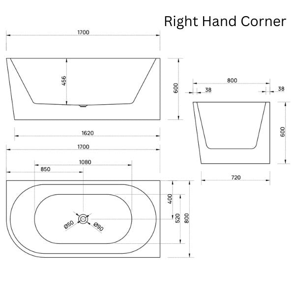 Bao Bon 1700mm Corner Bathtub dimensions - The Blue Space