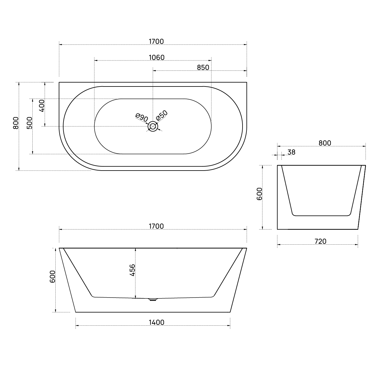 Bao Bon Back to Wall 1700mm bath dimensions - The Blue Space