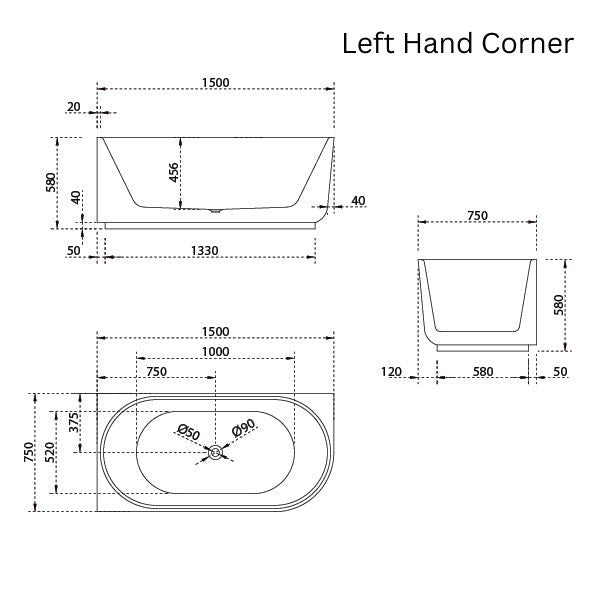Baö Elegant 1500mm left Back to Corner Bath - line drawing - The Blue Space