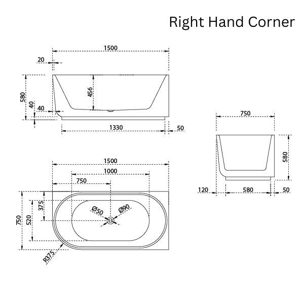 Baö Elegant 1500mm Right Back to Corner Bath - line drawing - The Blue Space
