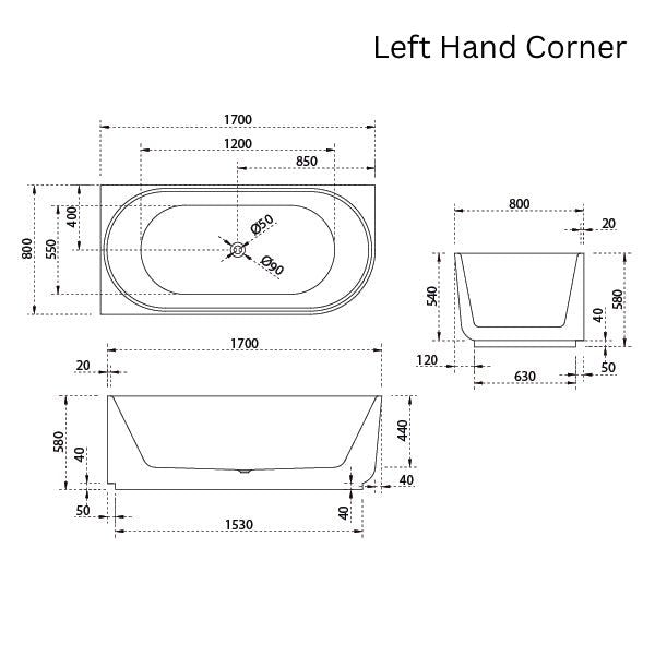 Baö Elegant 1700mm Right Back to Corner Bath - line drawing - The Blue Space