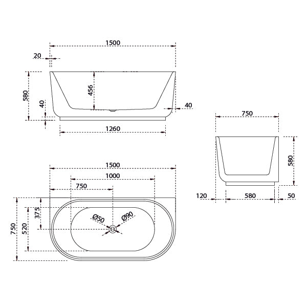 Baö Elegant 1500mm Back to Wall Bath - line drawing - The Blue Space